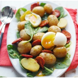 Pommes de terre nouvelles, épinards frais et oeufs pochés en salade