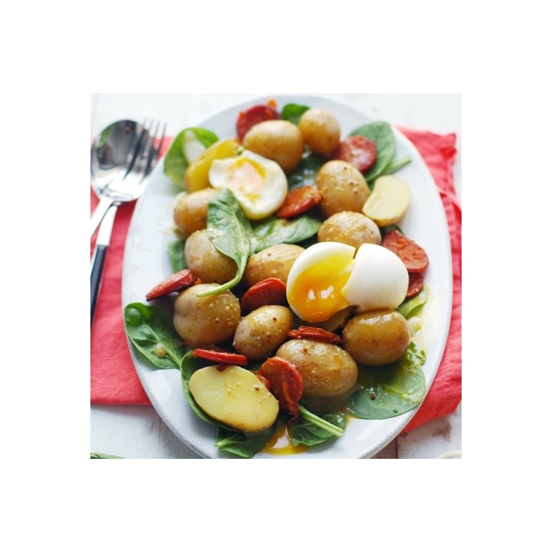 Pommes de terre nouvelles, épinards frais et oeufs pochés en salade