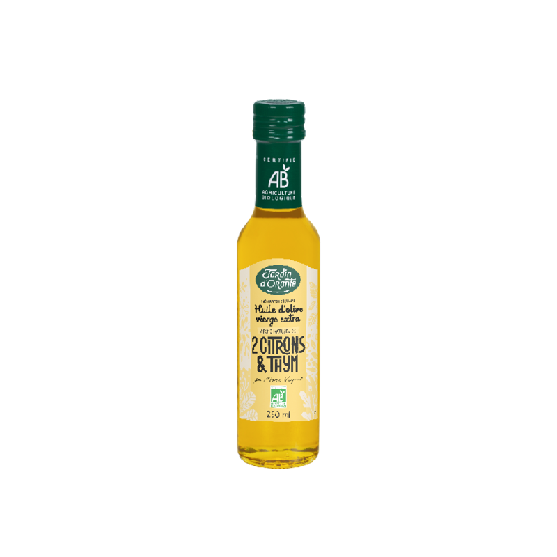 Huile d'olive Bio vierge extra saveur Thym et 2 Citrons Huile d'olive Bio vierge extra saveur Thym et 2 Citrons
